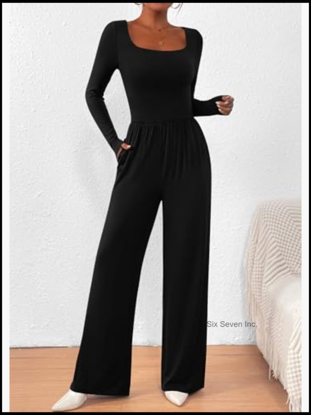 Long Sleeve Jumpsuit for Women Square Neck Wide Leg Pockets Romper - Picture 6 of 7